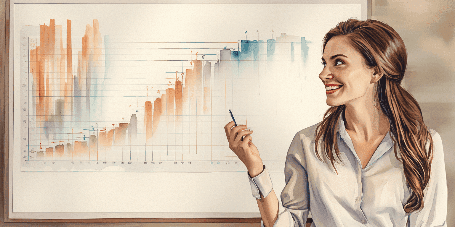 a_happy_sales_woman_looking_at_a_chart_showing_that_she_reached_her_goals
